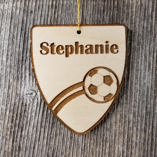 Soccer Ball Ornament, Sports Ornament, Soccer Player Gift, Engraved Wood Ornament, Personalized Wood Tag Made in USA