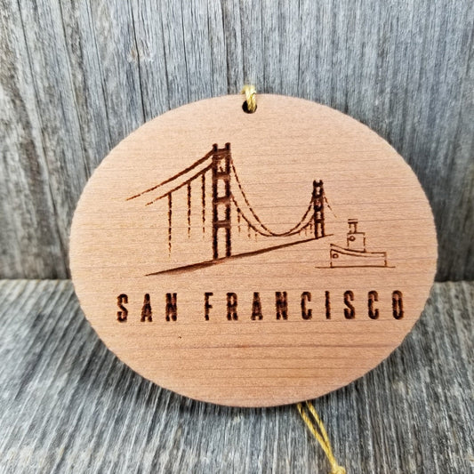 San Francisco California Golden Gate Bridge Christmas Ornament In the Fog Handmade Wood Tug Boat