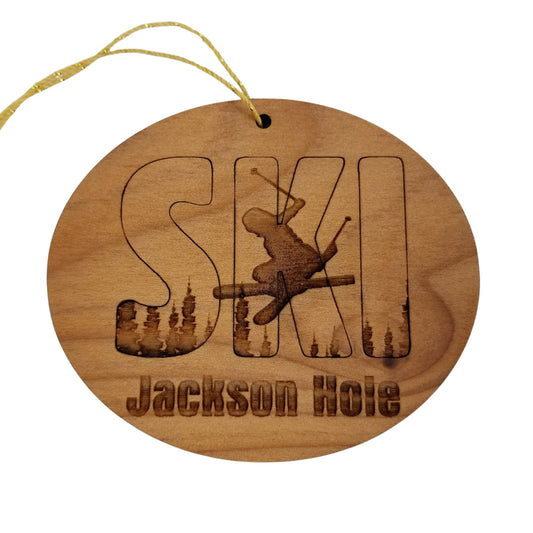 Jackson Hole Wyoming Ski Ornament - Handmade Wood Ornament - WY Souvenir - Ski Skiing Skier Trees Christmas Travel Gift